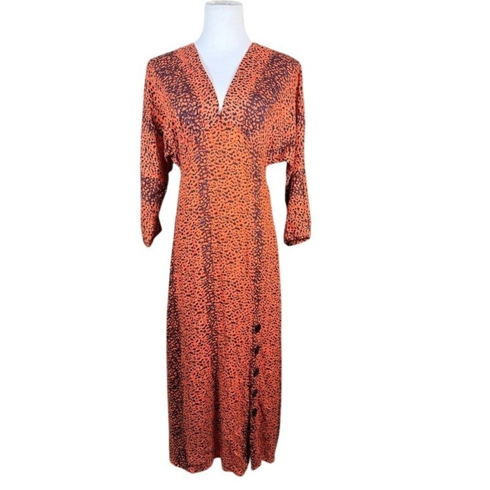 Angie Womens Orange Black Leopard Print V-Neck Maxi Dress Side‎ Buttons Size M